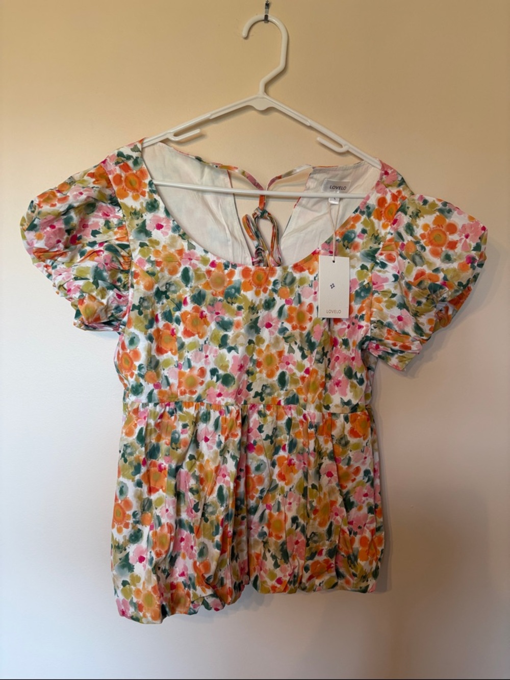 Lovelo Puff-Sleeve Floral Peplum Top — Orange, Pink, Green